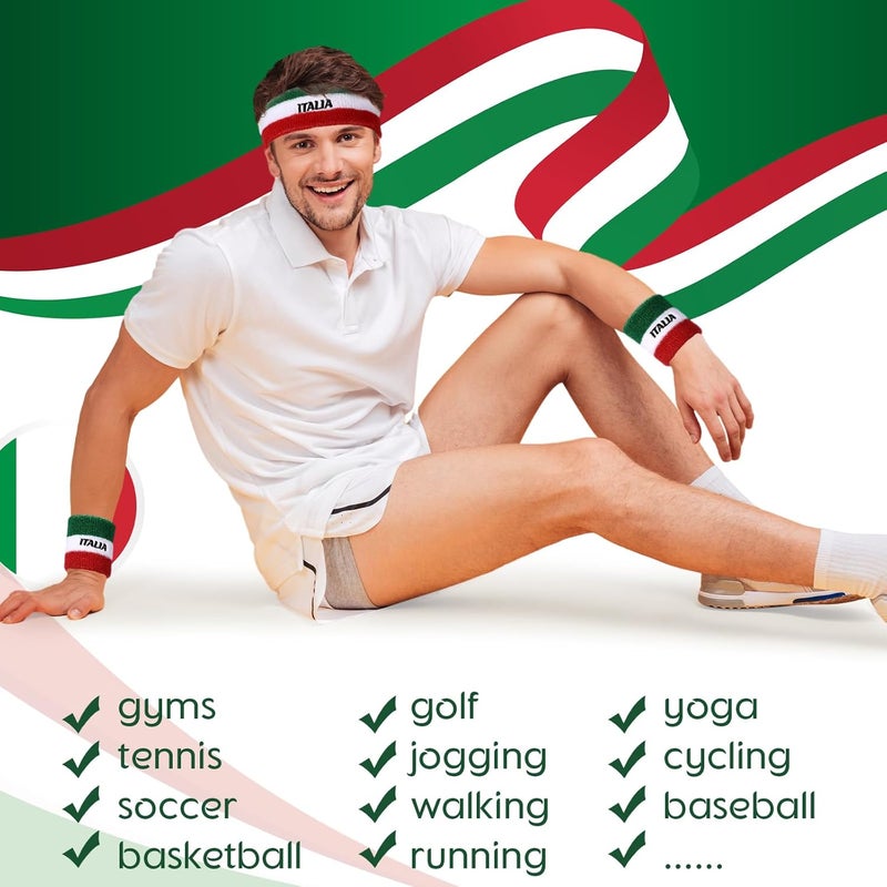 Jadive 2 Set Italia Football Sweatband Set Headband and Wristbands Includes Head Sweatband and Sports Wristband Costume Absorbing Headband Italy Football Costume - Image 3